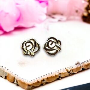 New Two Tone Tiny Rose Flower Stud Earrings 14k Gold over Silver , Flower Studs